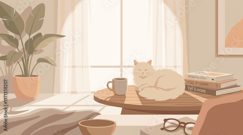 A fluffy cat rests on a table with coffee and books in a cozy, sunlit room. A tranquil, warm illustration for home decor, pet lifestyle, and relaxation concepts. Hygge.