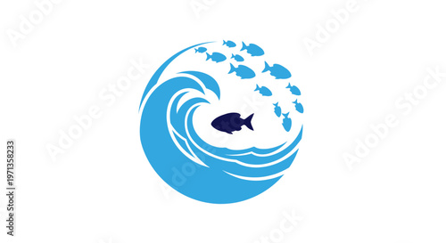 Fish swimming in ocean wave circle.