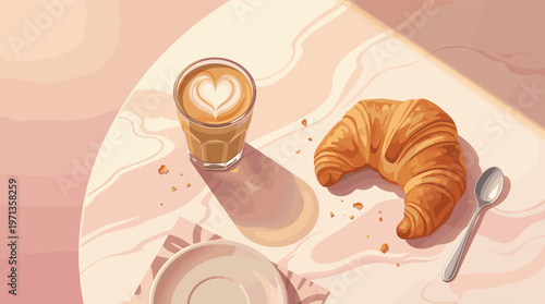 Top view illustration of a cozy morning breakfast with coffee and a croissant on a sunlit marble table. Ideal for cafe menus, food blogs, and romantic morning concepts.