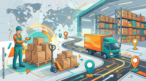 Illustration of global logistics and supply chain. Worker scans packages in a warehouse for truck delivery. Represents shipping, distribution, and modern freight technology.