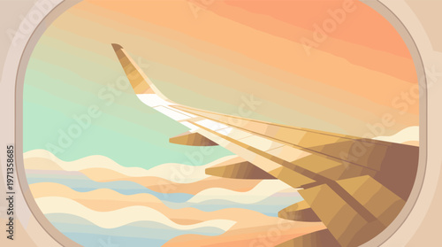 Vector illustration of a flight at dawn or dusk. The view from a porthole shows a plane wing above the clouds. A calm, peaceful travel and tourism concept.
