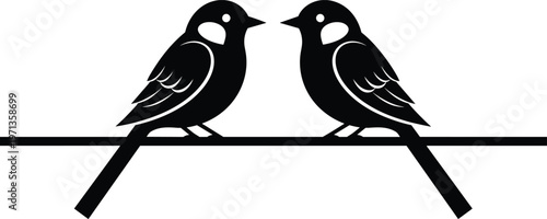 Two great tit parus major bird vector silhouette icons sitting on branch facing each other in symmetrical mirror reflection isolated on white background.