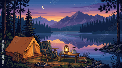 A serene illustration of a lakeside campsite at dusk. An illuminated tent sits by a calm lake reflecting mountains and a colorful sunset sky. Ideal for adventure and nature themes.