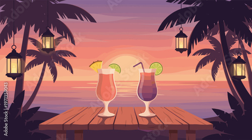 Two tropical cocktails on a wooden deck overlooking a beautiful ocean sunset. A romantic, relaxing scene for travel, vacation, or summer party concepts. Vector illustration.
