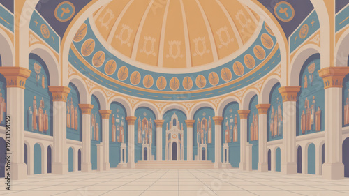 Architectural Majesty: An illustration of a majestic, opulent palace interior, the grand hall. The domed ceiling is adorned with intricate patterns.