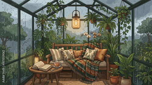 A cozy illustration of a sunroom filled with plants on a rainy day. A warm blanket, book, and tea create a peaceful hygge mood. Perfect for relaxation or comfort concepts.
