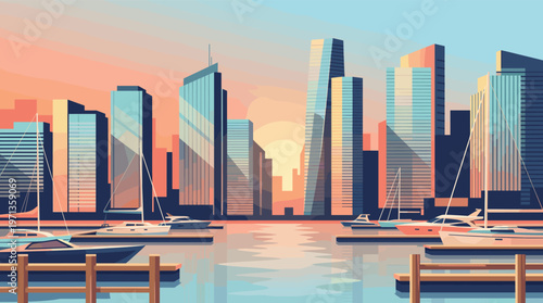 Vector illustration of a modern city skyline with a boat harbor at sunset. The calm scene is perfect for travel, business, or real estate concepts. Warm, serene, and aspirational.