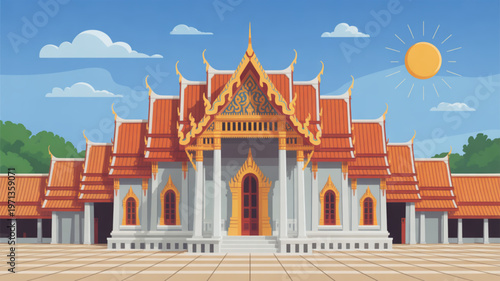 Magnificent Temple in Sunshine: An exquisite traditional temple bathed in warm sunshine, showcasing intricate architecture and cultural heritage under a bright sky.