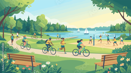 A vibrant illustration of a diverse community enjoying outdoor activities in a sunny park. People are cycling, running, and playing volleyball. Ideal for wellness and lifestyle themes.