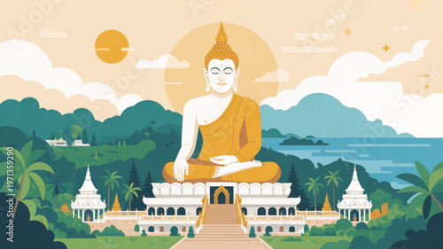 Serene Enlightenment: A tranquil depiction of the Buddha in meditation, radiating peace and enlightenment against a backdrop of nature's beauty and traditional architecture.