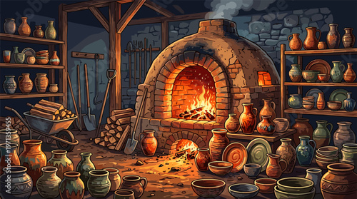 A cozy, rustic pottery workshop illustration at night. A large stone kiln glows with a warm fire, illuminating handmade clay pots, vases, and tools. Perfect for historical themes.