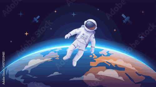 An astronaut floats in zero gravity over Earth. This vector illustration evokes exploration and discovery. Ideal for science, tech, or educational content and future concepts.