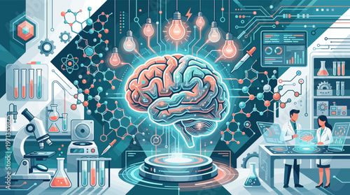 Illustration of scientists in a futuristic lab studying a glowing brain. Concept for neuroscience, AI, innovation, and medical research. Ideal for tech and science themes.