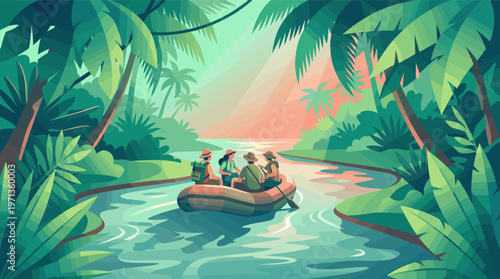 A group of adventurers explore a jungle river in a raft at sunset. Flat vector illustration for travel, tourism, teamwork, and exploration concepts.
