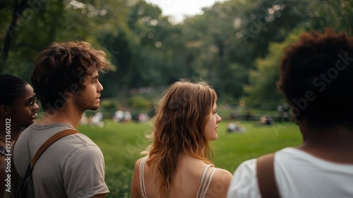A diverse group of young friends enjoys a sunny day in the park looking ahead together in a relaxed moment