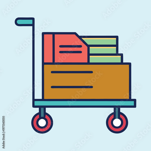 Stylized luggage cart trolley with boxes and items on a light background