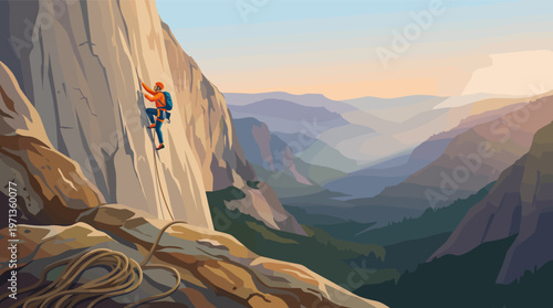 Vector illustration of a rock climber on a cliff. Inspiring scene of adventure, determination, and reaching goals. Perfect for sports, travel, and motivational concepts.