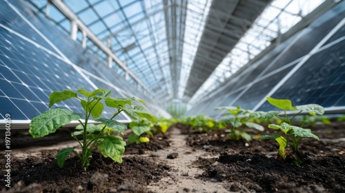 Young plants growing under solar panels