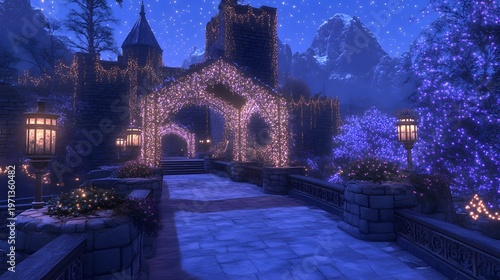 Enchanted stone castle grounds are decorated with glowing fairy lights under a starry night sky.