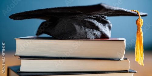 Graduation Cap on Stacked Books in a Bright Room
