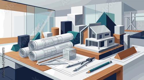 Vector illustration of an architect's desk with a house model, blueprints, and drawing tools. Concept for design, engineering, construction, and real estate development.