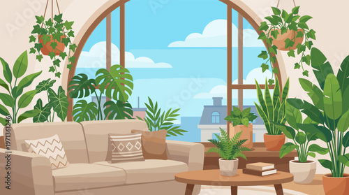 Cozy living room illustration with a sofa, many houseplants, and a large window with a city view. Peaceful interior for home decor, wellness, or background use. Vector.