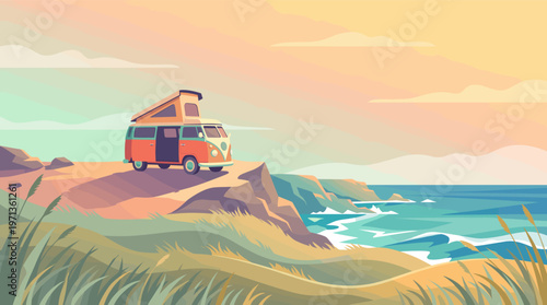A retro camper van parked on a cliff enjoys a scenic ocean view at sunset. A peaceful illustration for travel, adventure, and van life concepts. Serene and nostalgic mood.