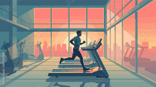 Vector illustration of a man running on a treadmill in a modern gym. The sunset over the city skyline creates a motivational and serene mood for fitness and wellness concepts.
