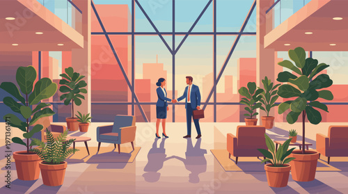 Vector illustration of a businessman and businesswoman shaking hands in a modern office lobby with a city view. Represents partnership, success, and corporate agreements.