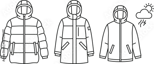 Winter jacket styles and weather conditions for outdoor activities and travel warmth protection.