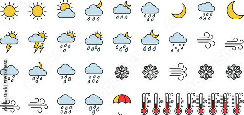 Collection of weather icons sunny cloudy rainy stormy moon and snow thermometers.