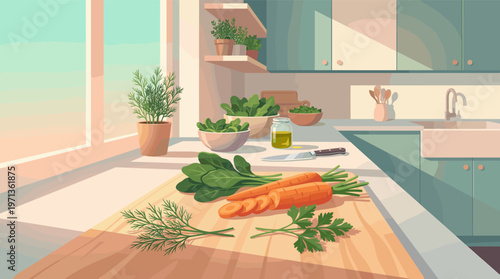 Vector illustration of a bright kitchen. Fresh vegetables like carrots and spinach are on a wooden board, ready for cooking a healthy meal. Ideal for food or wellness themes.