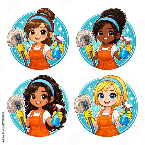 Cute anime cleaning lady characters set holding mop spray bottle orange overalls housekeeping service mascot design