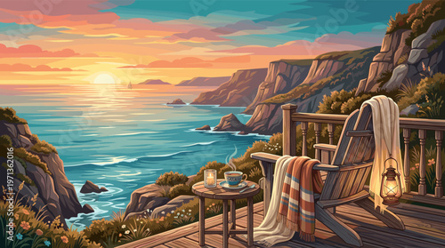 Illustration of a serene evening on a coastal balcony. A cozy chair, tea, and lantern overlook a dramatic sunset on the sea. Perfect for vacation, relaxation, and wellness themes.