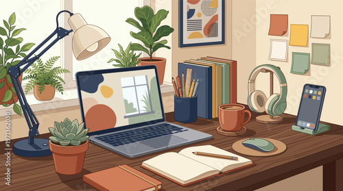 Vector illustration of a cozy, organized home office with a laptop, plants, and coffee. Ideal for concepts of remote work, studying, freelance, or a productive lifestyle.