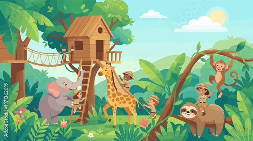 Cheerful cartoon of diverse children explorers playing with friendly jungle animals like an elephant, giraffe, and sloth near a treehouse. Perfect for kids' themes and education.