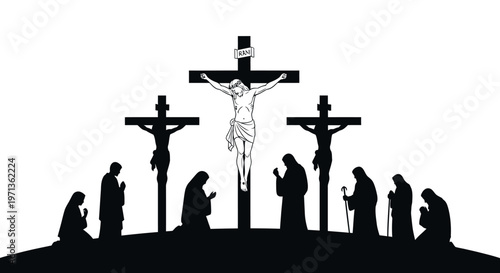 Crucifixion scene with people and crosses.