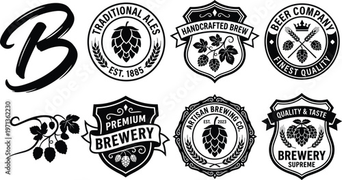 Vintage Beer Brewery Label Collection with Hops Wheat and Shield Badges for Craft Ale Premium Quality Handcrafted Brew Logo Design Set