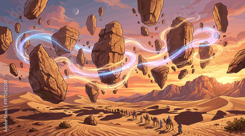 An epic fantasy illustration of a caravan crossing a desert under a surreal sky of floating rocks and magical energy. A concept for journey, wonder, and adventure.