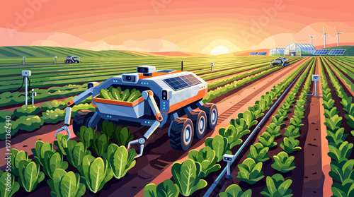 A futuristic smart farm with an AI robot harvesting crops at sunset. Concept for agritech, automation, sustainable energy, and modern agriculture innovation. Vector illustration.
