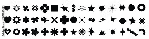 Black flowers and figures of icons. Floral organic shape, cloud star and other elements in a fashionable, playful, brutal style. Vector illustrations isolated on a white background