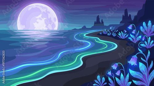 A serene fantasy landscape at night with a large purple moon over the sea. Glowing bioluminescent waves and flowers create a magical, dreamy mood. Ideal for backgrounds.