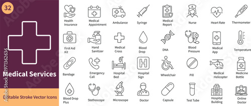 Set of 32 medical services and healthcare line icons, vector illustration