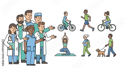 Medical professionals and healthy lifestyle activities.