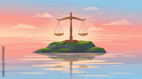 Scales of justice stand on a lone island, reflecting in calm water at sunset. A concept of balance, fairness, and legal principles in a tranquil natural setting.