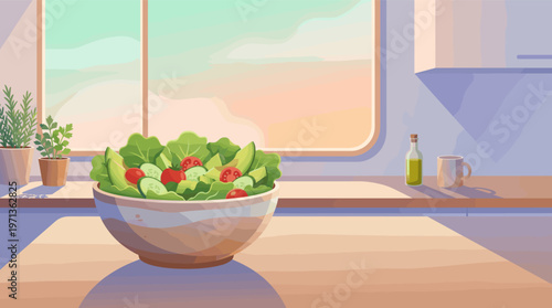 Vector illustration of a fresh salad in a sunlit kitchen. Perfect for healthy eating, wellness, vegan lifestyle, or food blog content. Calm and clean aesthetic.
