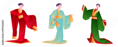 Vector illustration set of graceful women wearing traditional Chinese Hanfu dresses in elegant poses.