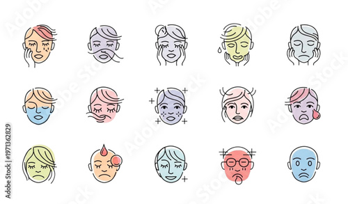 Black and white abstract human emotion line icon set minimal psychology symbols editable stroke isolated on transparent background