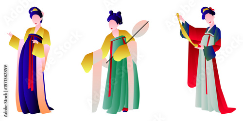 Foto Set of elegant women in traditional Korean Hanbok dresses with minimalist flat design