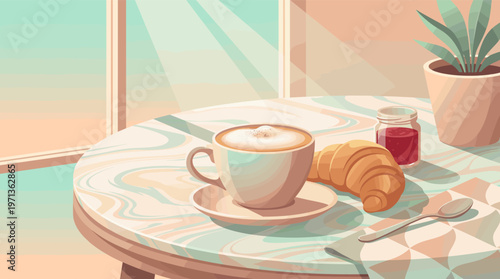 A cozy illustrated scene of a morning breakfast with cappuccino and a croissant by a sunny window. This warm and peaceful image is ideal for cafes, blogs, or lifestyle concepts.